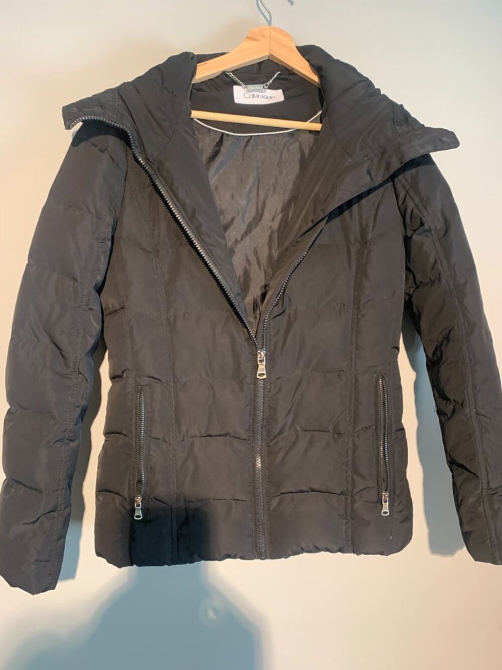 Calvin Klein Womens Black Quilted Puffer Jacket Size M With Hood & Zipper Pocket